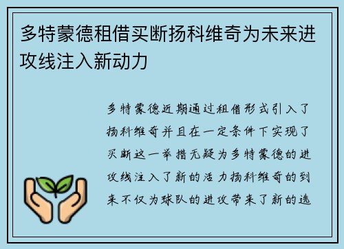 多特蒙德租借买断扬科维奇为未来进攻线注入新动力 多特蒙德租借买断扬科维奇为未来进攻线注入新动力