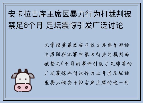 安卡拉古库主席因暴力行为打裁判被禁足6个月 足坛震惊引发广泛讨论 安卡拉古库主席因暴力行为打裁判被禁足6个月 足坛震惊引发广泛讨论